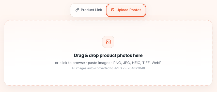 Upload Photos tab with product photo dropzone