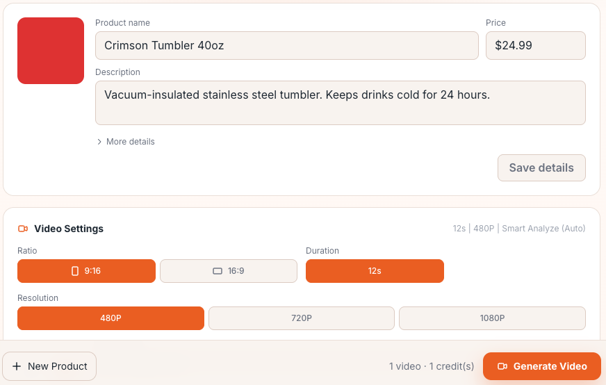 Product details and video settings workbench