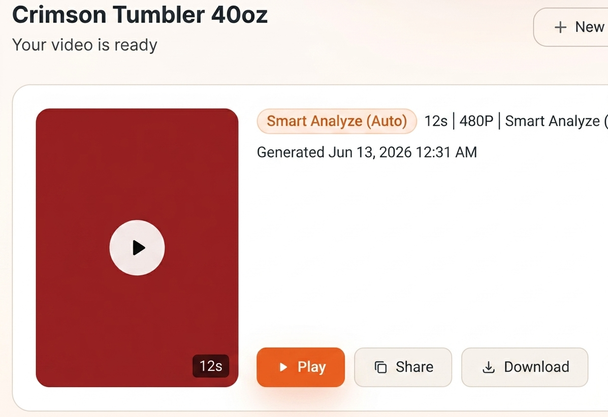 Finished video result with play, share, and download controls