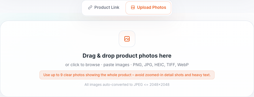 Upload Photos tab with product photo dropzone