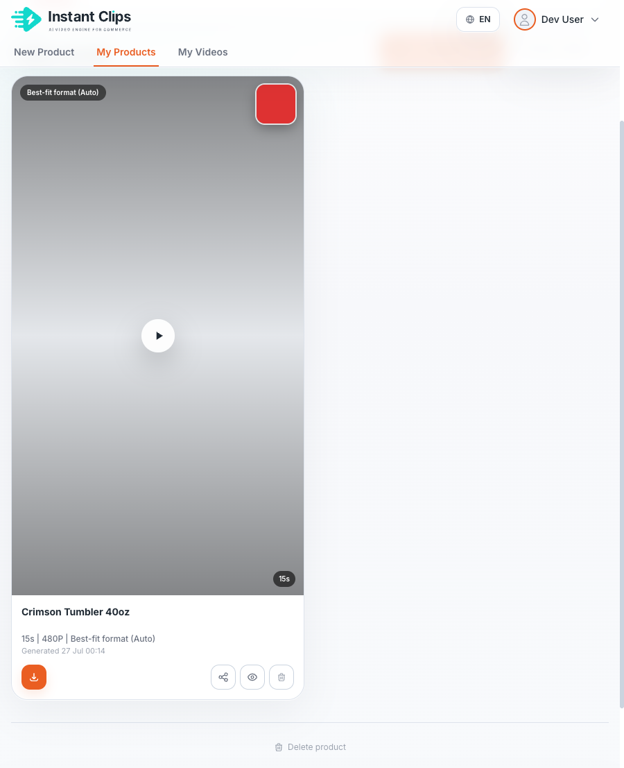 Finished vertical video with download, share, and preview controls