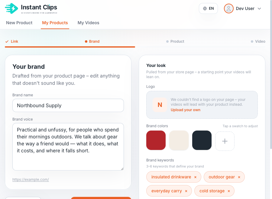 Wizard brand step: brand name, brand voice, logo, colors, and keywords