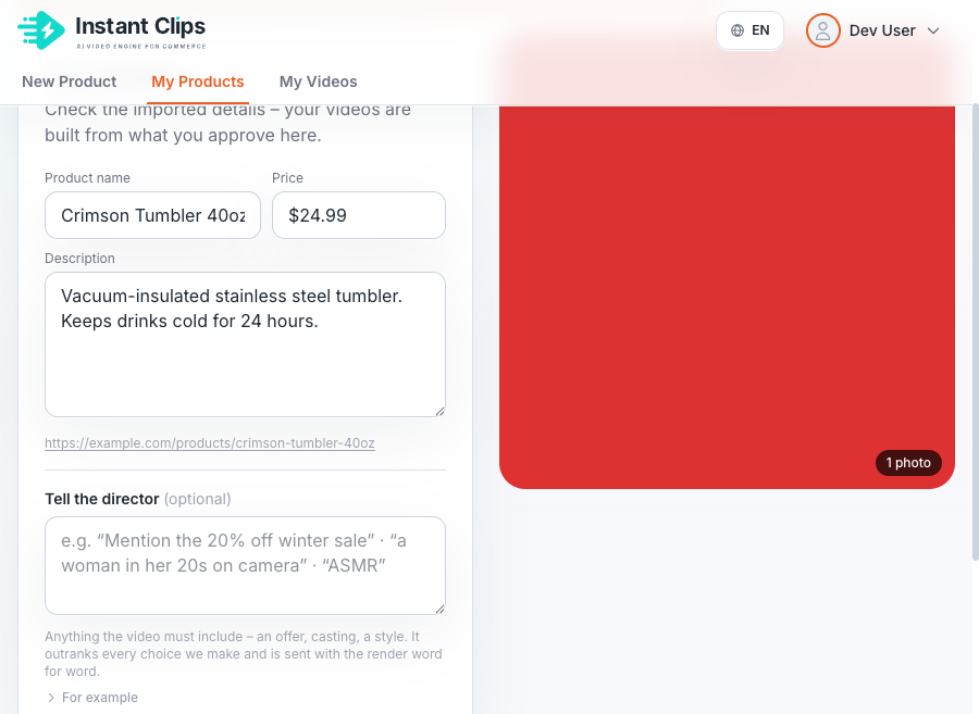 Wizard product step: name, price, description, photos, and Tell the director