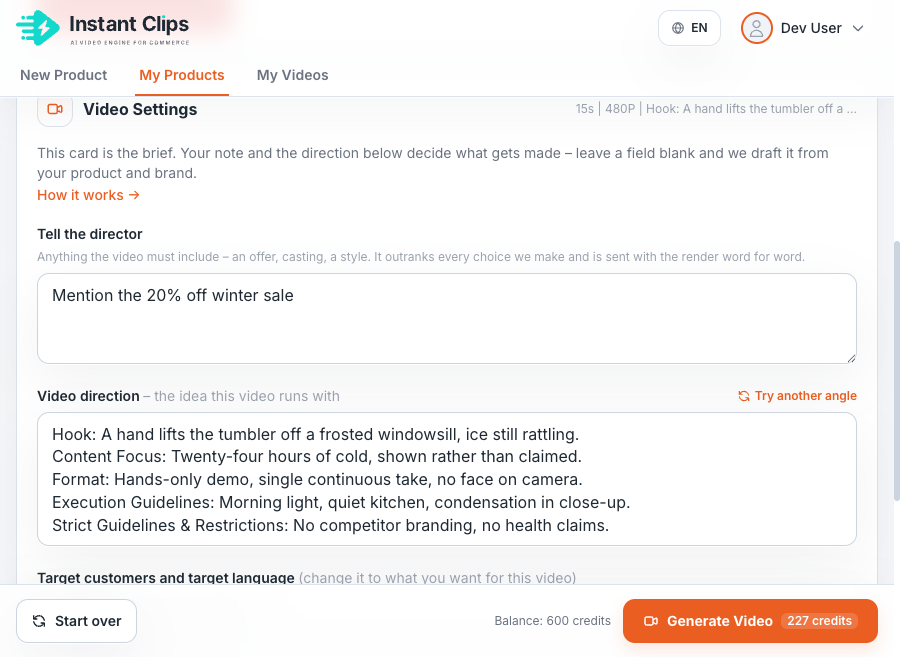 Workbench video settings with the drafted video direction and the note to the director